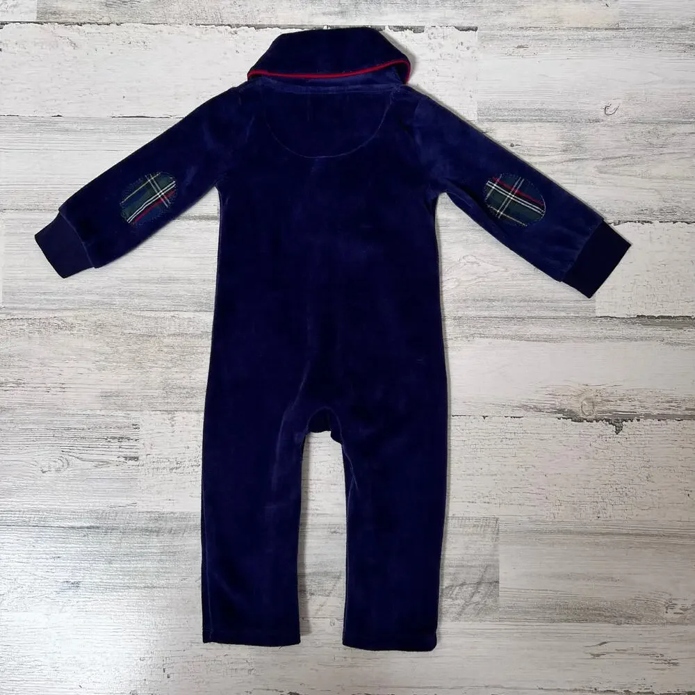 Mud Pie One Piece Baby Boys 6-9M Navy Velour Romper Plaid Patch Shawl Collar New